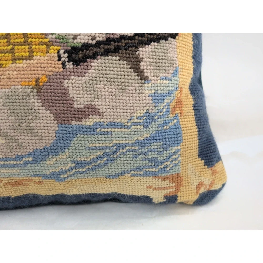 VTG Fly Fishing Fish Pillow Needlepoint Creel Outdoor Cottage Lakehouse Wool